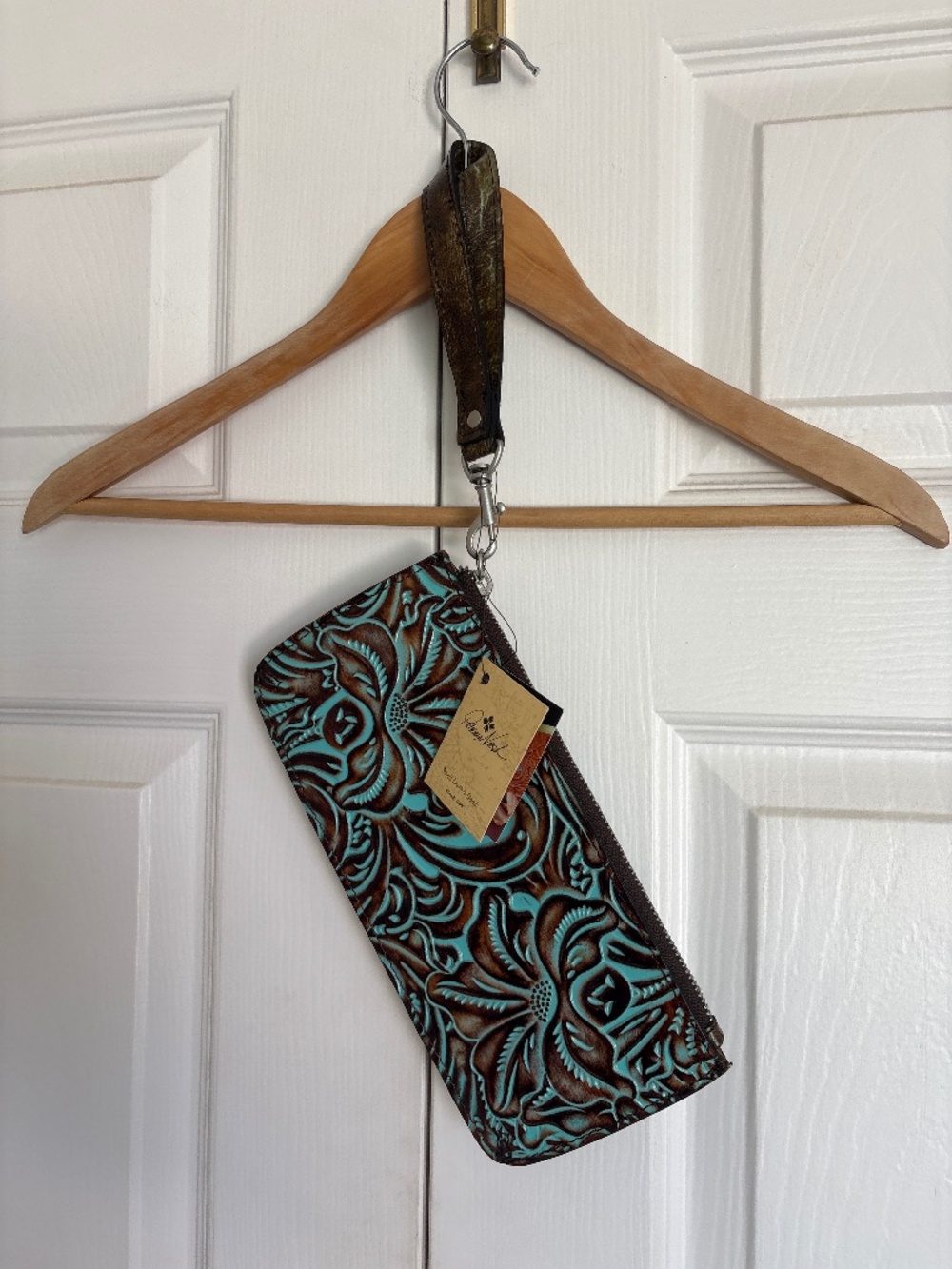 Tooled leather Wristlet in Turquoise and Brown